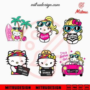 Barbie Hello Kitty Bundle SVG, Kawaii Pink Doll Cat SVG, PNG, DXF, EPS, Files
