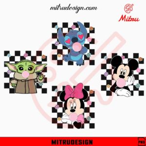 Cute Bubble Gum Cartoon Bundle PNG, Mickey, Minnie, Baby Yoda, Stitch Easter PNG, Sublimation Design