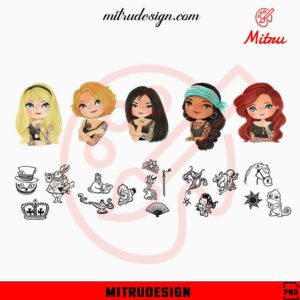 Disney Princess Tattoo Bundle PNG, Alice, Mulan, Ariel Punk Rock PNG, Clipart