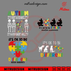 It's Ok To Be Different Bundle SVG, Autism Awareness Quotes SVG, Skeleton, Dinosaur Autism SVG, PNG, Vector