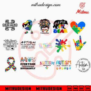 Autism Awareness Bundle SVG, Autism Mom SVG, Everyone Communicates Differently SVG, Puzzle Ribbon SVG