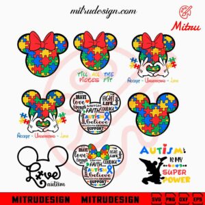 Mouse Ears Autism Awareness Bundle SVG, Cute Autism Day SVG, Accept Understand Love SVG