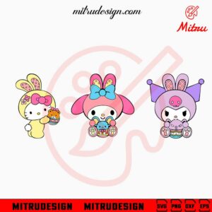 Hello Kitty Kuromi And My Melody With Easter Egg SVG, Kwaii Sanrio Easter SVG, PNG, DXF, EPS