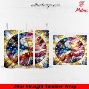 USA Eagle Flag Stained Glass 20oz Skinny Tumbler Wrap PNG, 4th Of July Tumbler Template