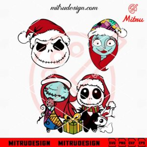 Jack And Sally Santa Hat Bundle SVG, Nightmare Before Christmas Cute SVG, PNG, DXF, EPS