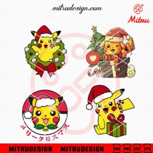 Pikachu Santa Hat Christmas Bundle SVG, Pikachu Pokemon Xmas SVG, Vector