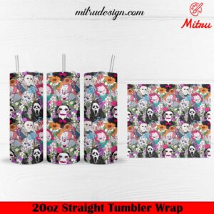 Horror Halloween Characters Floral 20oz Skinny Tumbler Wrap PNG, Digital Download