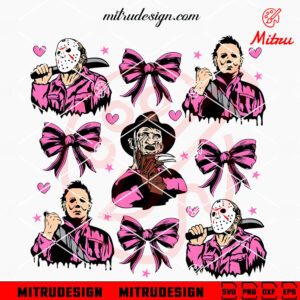 Pink Horror Characters With Bow SVG, Jason, Freddy, Michael Halloween SVG