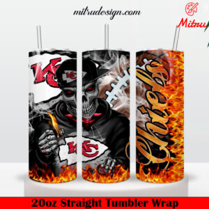 Kansas City Chiefs Skull Fire 20oz Skinny Tumbler Wrap PNG, Digital Download