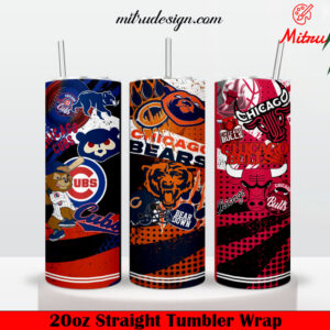 Chicago Sports Teams 20oz Skinny Tumbler Wrap PNG, Cubs Bears Bulls Tumbler Template