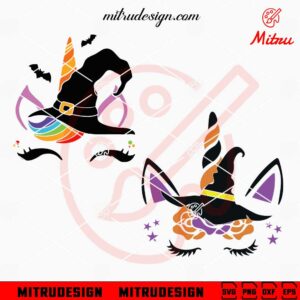 Unicorn Witch Hat SVG, Cute Halloween Unicorn Face SVG, PNG, DXF, EPS