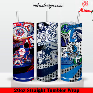 Dallas Sports Teams 20oz Skinny Tumbler Wrap PNG, Cowboys Rangers Mavericks Tumbler Template