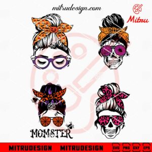 Messy Bun Halloween Bundle SVG, Momster SVG, PNG, DXF, EPS, Cut Files