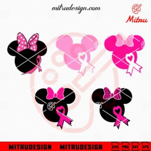 Mickey Minnie Head Pink Ribbon Bundle SVG, Mickey Breast Cancer Awareness SVG, Cut Files