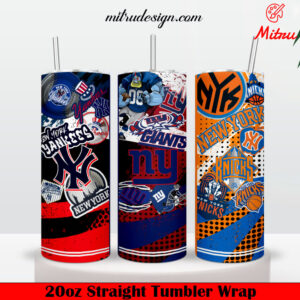 New York City Sports Teams 20oz Skinny Tumbler Wrap PNG, Yankees Giants Knicks Tumbler Template