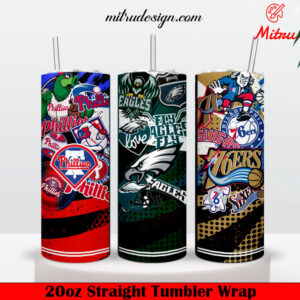 Philadelphia Sports Teams 20oz Skinny Tumbler Wrap PNG, Phillies Eagles 76ers Tumbler Template