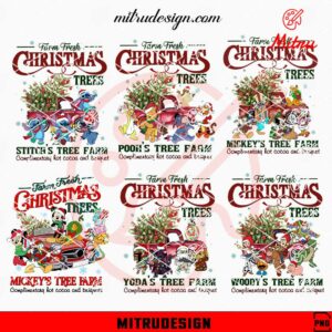 Farm Fresh Christmas Trees Disney Bundle PNG, Stitch, Mickey, Pooh, Star Wa