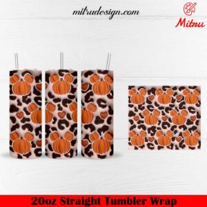 Mickey Mouse Pumpkin Leopard 3D 20oz Skinny Tumbler Wrap PNG, Sublimation