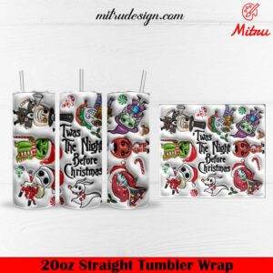 Twas The Night Before Christmas 3D 20oz Skinny Tumbler Wrap PNG, Instant Download