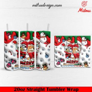 Bandit And Chilli Christmas 3D 20oz Skinny Tumbler Wrap PNG, Merry Blueymas Tumbler Template