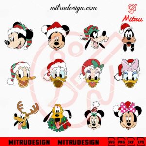 Disney Characters Face Christmas Bundle SVG, Mickey Mouse Friends Head Xmas SVG, Cricut