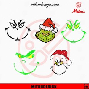 Grinch Face Christmas Bundle PNG, Instant Digital Download