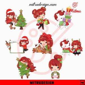 Red Hair Girl Christmas Clipart Bundle PNG, Cute Girl Xmas PNG, Sublimation