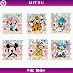 Disney Friends Retro Groovy Easter PNG Bundle, Mickey Minnie Donald Daisy Easter Bunny PNG