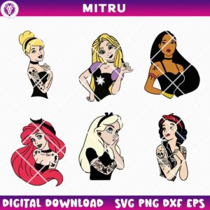 Punk Disney Princess SVG PNG Bundle, Princess Tattoo SVG, Rock Girls SVG